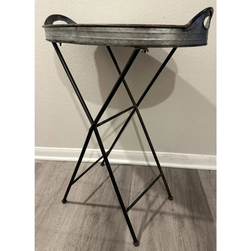 VTG Large Metal Tray Table Foldable 28.5” H 20” Diameter